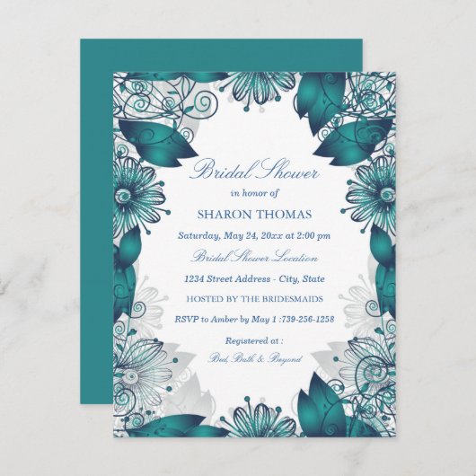 Blauwgroen Elegante Bloemen | Uitnodiging voor bru (Voorkant / Achterkant)