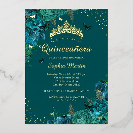 Blauwgroen Elegante Bloemenvlinder Quinceanera Folie Uitnodiging (Voorkant)