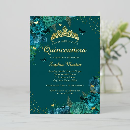Blauwgroen Elegante Bloemenvlinder Quinceanera Folie Uitnodiging (Staand Voorkant)
