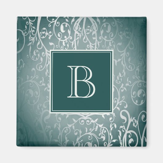 Blauwgroen Elegante Floury Monogram Magnet (Voorkant)