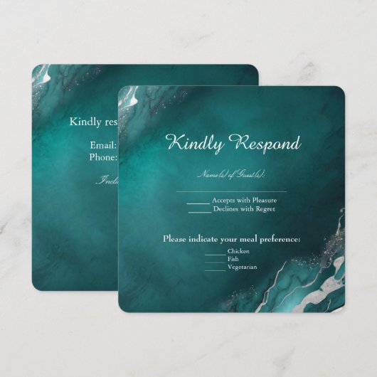 Blauwgroen Elegantie: Zilveren Marmeren Bruiloft Kaart (Voorkant / Achterkant)
