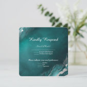 Blauwgroen Elegantie: Zilveren Marmeren Bruiloft Kaart (Staand voorkant)