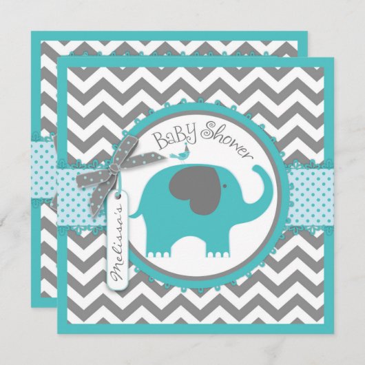 Blauwgroen Elephant Boy Chevron Print Baby shower Kaart (Voorkant / Achterkant)