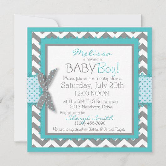 Blauwgroen Elephant Boy Chevron Print Baby shower Kaart (Achterkant)