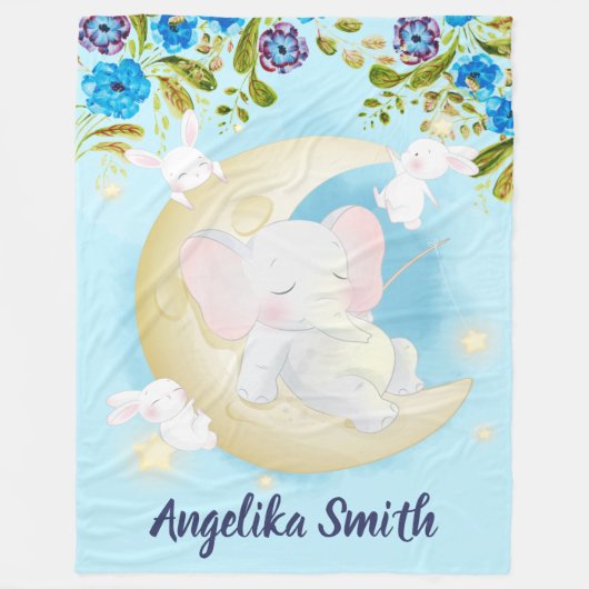 Blauwgroen Elephant Crescent Moon Persoonlijke naa Fleece Deken (Voorkant)