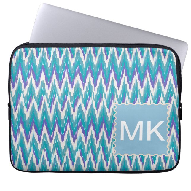 Blauwgroen en Amethyst iKat ZigZag patroon Laptop Sleeve (Voorkant)