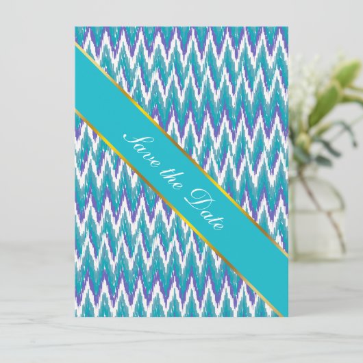 Blauwgroen en Amethyst iKat ZigZag patroon Save The Date (Staand voorkant)