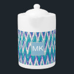 Blauwgroen en Amethyst iKat ZigZag patroon Theepot<br><div class="desc">Paarse en Blauwgroen Tribale iKat ZigZag We vieren de nieuwe kleurtrends van 2013 in dit leuke paarse en blauwgroen tribale zigzag patroon - met kleuren uit de nieuwe COLOR PALETTE 2013 - We hebben alle afbeeldingen die in dit ontwerp worden gebruikt aanpasbaar gemaakt - Je kunt met hen spelen tot...</div>