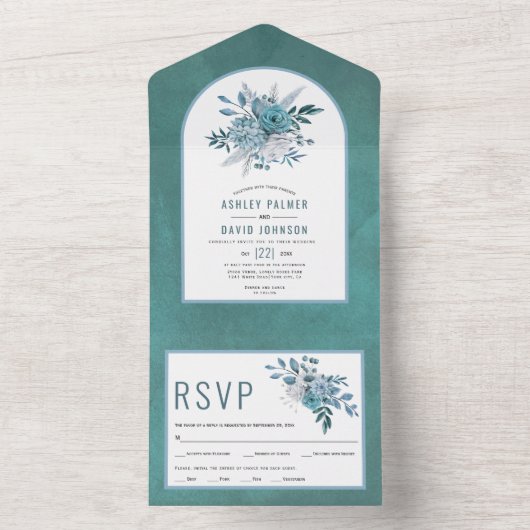 Blauwgroen en aqua blauwe bloemen en bruiloft met  all in one uitnodiging (Binnen)