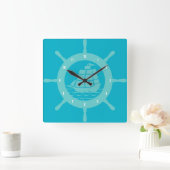 Blauwgroen en Aqua Blue Nautical Boat Wheel Vierkante Klok (Huis)