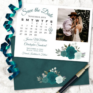 Blauwgroen en Aqua Boho Rozen Wedding Agenda & Fot Save The Date