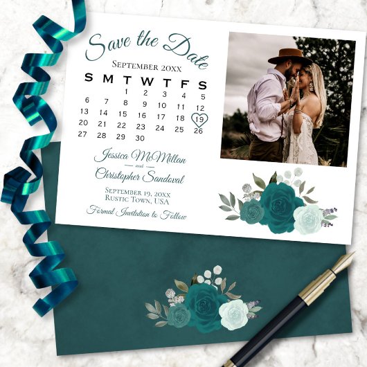 Blauwgroen en Aqua Boho Rozen Wedding Agenda & Fot Save The Date
