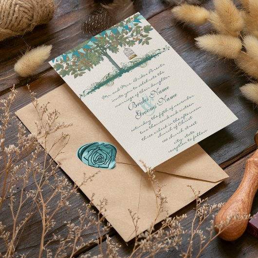 Blauwgroen en Aqua Bunting Tree Birdcage Wedding I Kaart