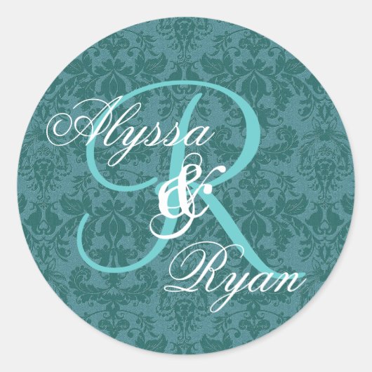 Blauwgroen en Aqua Damask Bruiloft Custom Monogram Ronde Sticker (Voorkant)
