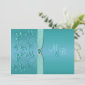 Blauwgroen en Aqua Floral Monogrammed Invitation Kaart (Staand voorkant)