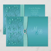 Blauwgroen en Aqua Floral Monogrammed Invitation Kaart (Voorkant / Achterkant)