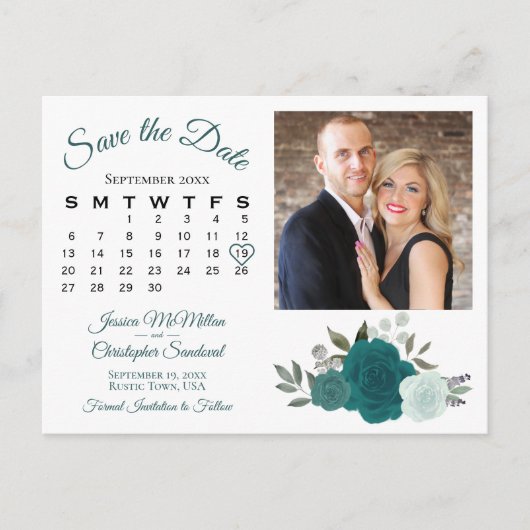 Blauwgroen en Aqua Rozen Foto & Agenda Opslaan Dat Aankondigingskaart (Voorkant)