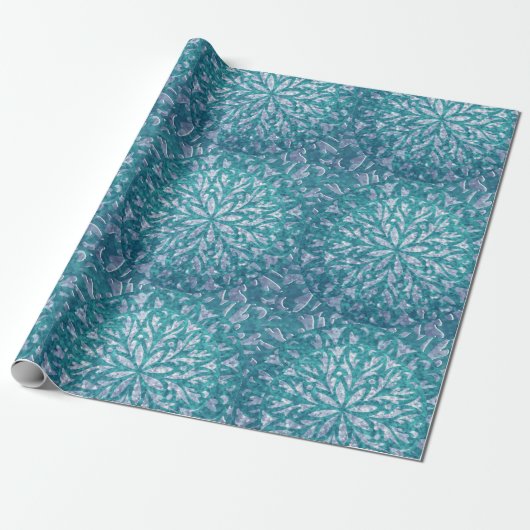 Blauwgroen en Aqua Snowflake Damask Cadeaupapier (Uitgerold)
