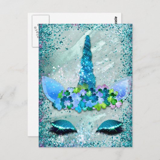Blauwgroen en Aqua Sparking Unicorn Briefkaart (Voorkant / Achterkant)