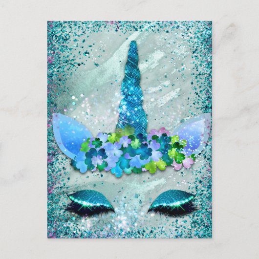 Blauwgroen en Aqua Sparking Unicorn Briefkaart (Voorkant)
