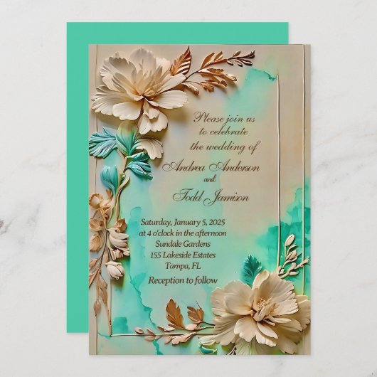Blauwgroen en beige bloemenbruiloft kaart (Voorkant / Achterkant)