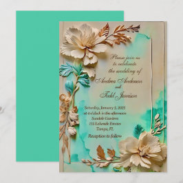 Blauwgroen en beige bloemenbruiloft kaart
