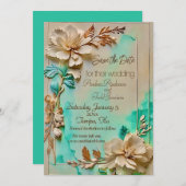 Blauwgroen en beige bloemenbruiloft save the date (Voorkant / Achterkant)