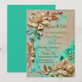 Blauwgroen en beige bloemenbruiloft save the date