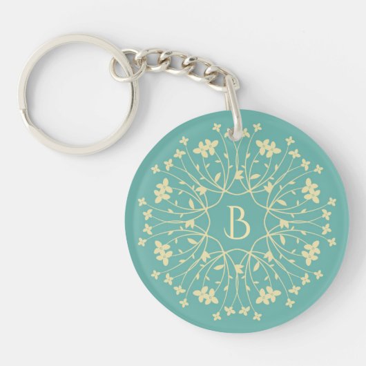 Blauwgroen en beige derfwerende monogram sleutelhanger (Voorkant)