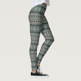 Blauwgroen en Beige Mandala Patroonontwerp Leggings