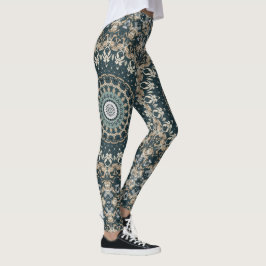 Blauwgroen en Beige Mandala Patroonontwerp Leggings