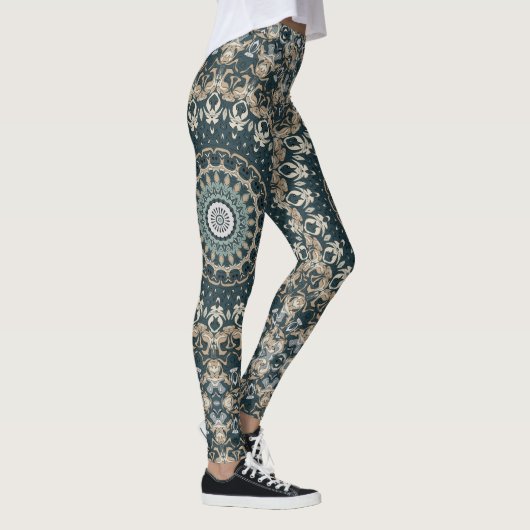 Blauwgroen en Beige Mandala Patroonontwerp Leggings (Rechts)