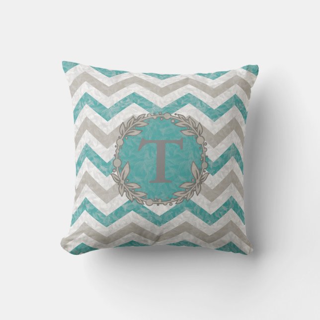 Blauwgroen en beige monogrammed chevron Pillow Buitenkussen (Voorkant)