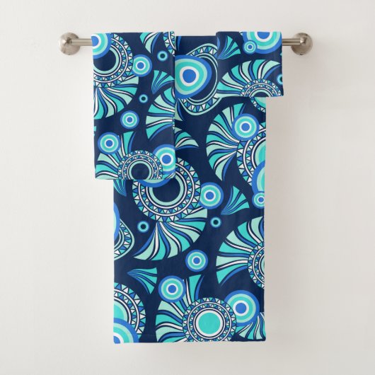 Blauwgroen en blauw abstract stampatroon bad handdoek (Insitu)