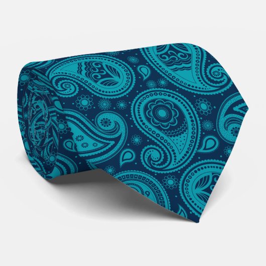 Blauwgroen en blauw elegant  paisleypatroon stropdas (Opgerold)