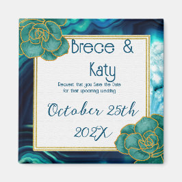 Blauwgroen en Blauw Floral Agaat Save the Date Mag Magneet
