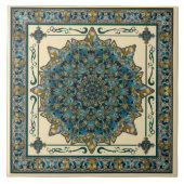 Blauwgroen en blauw glazen raam Mandala keramische Tegeltje (Voorkant)