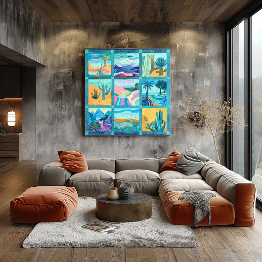 Blauwgroen en blauw ingelijste Desert Art Grid - K Perfect Poster