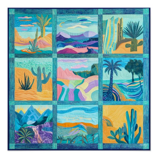 Blauwgroen en blauw ingelijste Desert Art Grid - K Perfect Poster (Voorkant)