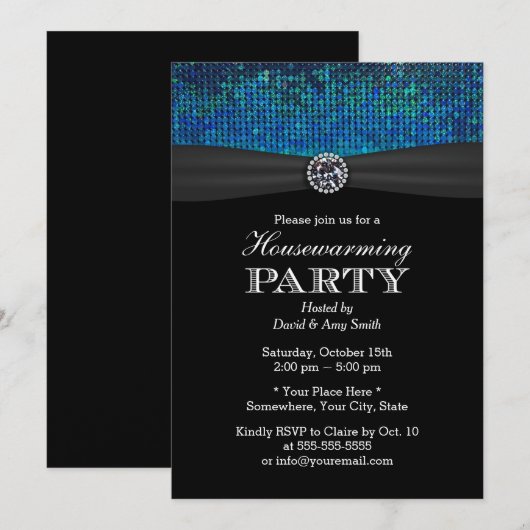 Blauwgroen en blauw Paillettes Diamond Housewarmin Kaart (Voorkant / Achterkant)