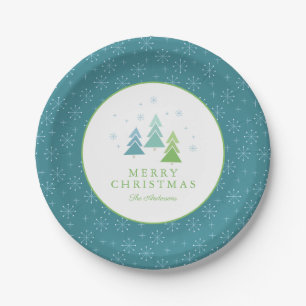 Blauwgroen en blauwe bomen Snowflakes kerstfeest Papieren Bordje