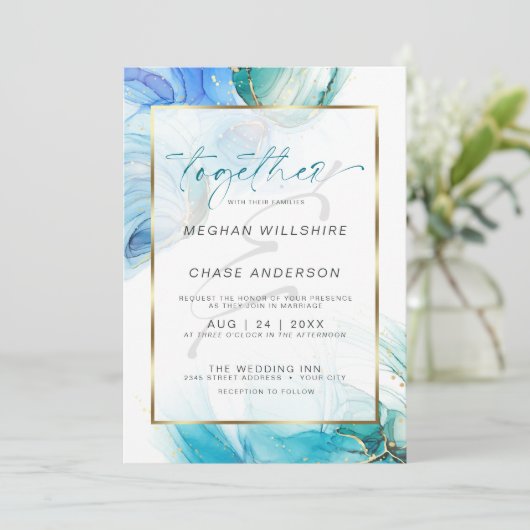 Blauwgroen en blauwe gemarmerde alcohol Ink Splash Kaart (Staand voorkant)