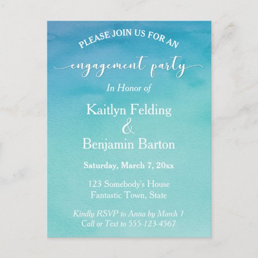 Blauwgroen en blauwe Ombre Waterverf Engagement Pa Uitnodiging Briefkaart (Voorkant)