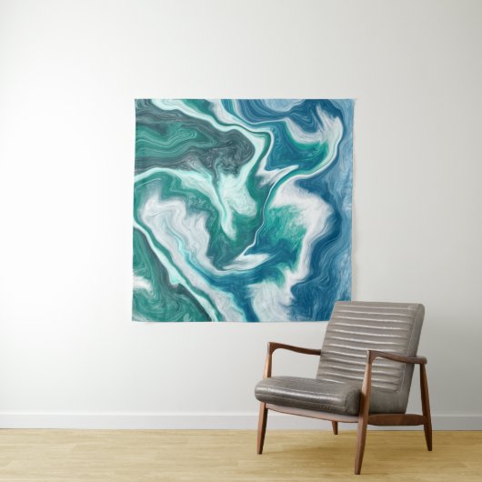 Blauwgroen en blauwe watergolven wandkleed (In Situ (horizontaal))