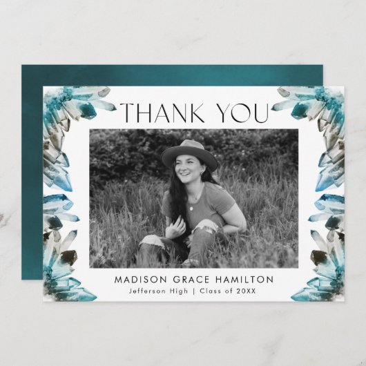 Blauwgroen en blauwe Waterverf Kristallen Foto-Afs Bedankkaart (Voorkant / Achterkant)