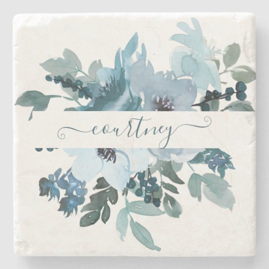 Blauwgroen en blauwe waterverf op maat stenen onderzetter (Voorkant)