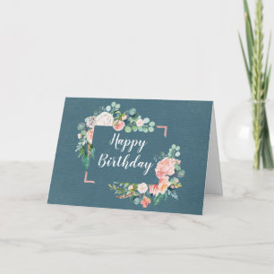 Blauwgroen en blozende bloemen Happy Birthday Kaar Kaart