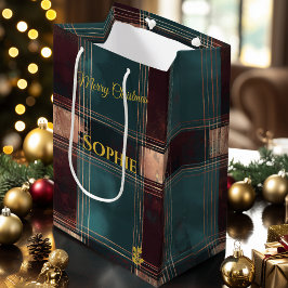 Blauwgroen en Bourgogne Metallic Plaid Kerstmis Medium Cadeauzakje