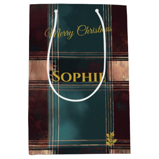 Blauwgroen en Bourgogne Metallic Plaid Kerstmis Medium Cadeauzakje (Voorkant)