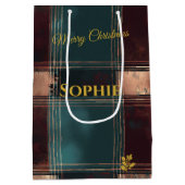 Blauwgroen en Bourgogne Metallic Plaid Kerstmis Medium Cadeauzakje (Achterkant)